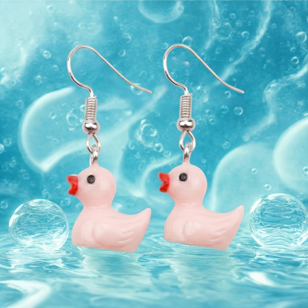 New Rubber Duck Earrings Pink Dangle Kitsch Novelty Whimsical‎ Duck Jewelry Gift